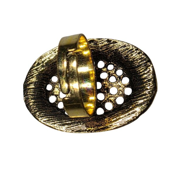 Vtg Adjustable Gold-Tone Oval Ring Faux Turquoise Stone Etched southwest - Picture 2 of 4